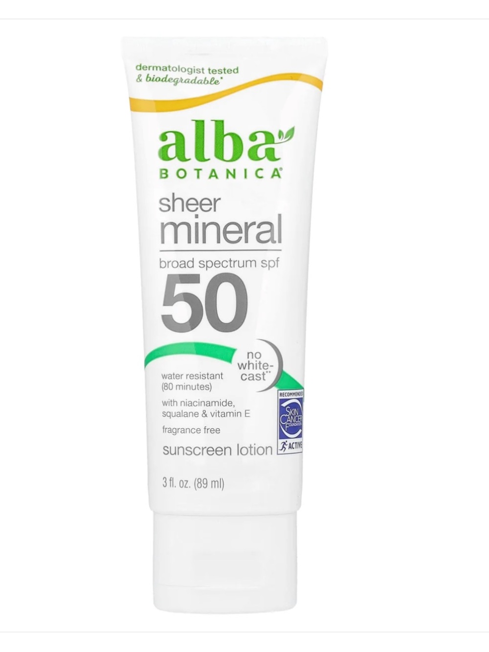 Alba Botanica, Sheer Mineral Sunscreen Lotion, SPF 50, Fragrance Free, 3 fl oz